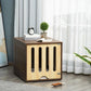 Brown dog crate end table with slatted sides and front opening, foam cushion inside