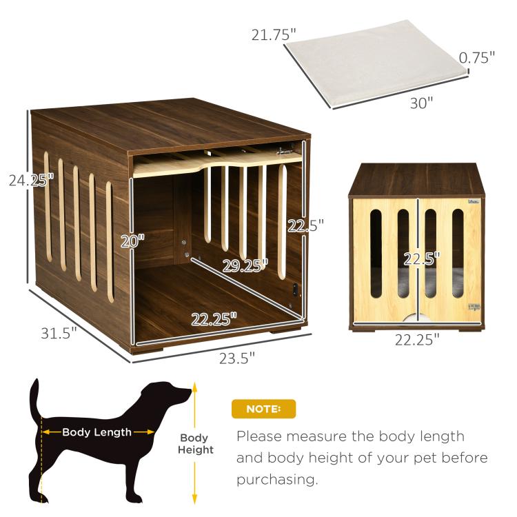Dog crate end table dimensions view, brown cabinet with slatted door panels