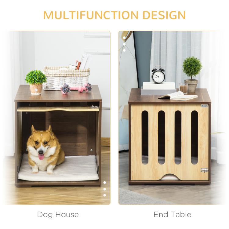 Brown dog crate bed end table shown as dog house and side end table