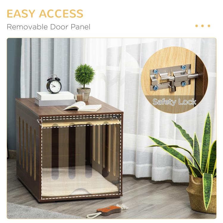 Dog crate end table with removable door panel and safety lock detail
