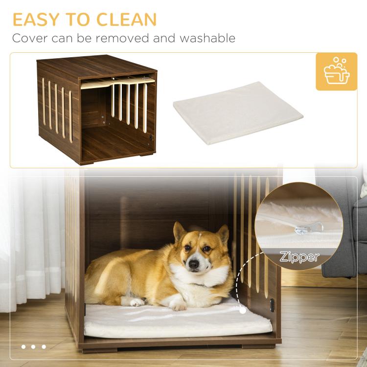 Dog crate end table with removable washable cover and zipper cushion access