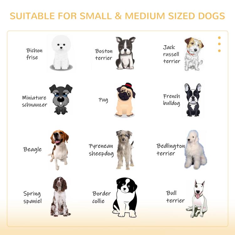 Dog crate end table sized for small and medium dogs, illustrated breed icons