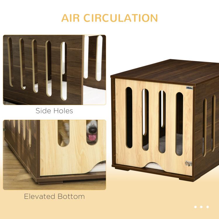 Brown dog crate end table with air holes and elevated bottom airflow vents