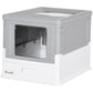 Gray and white enclosed cat litter box with front door open and dark interior view