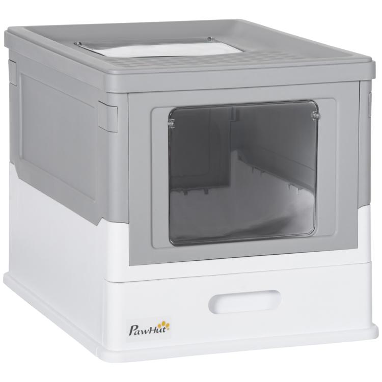 Gray and white enclosed cat litter box with front entry door and top opening