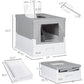 Enclosed gray cat litter box with labeled size diagram and open access panels