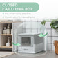 Gray and white enclosed cat litter box with front window and covered privacy design