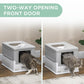 Gray and white enclosed cat litter box with front door opening for cat entry