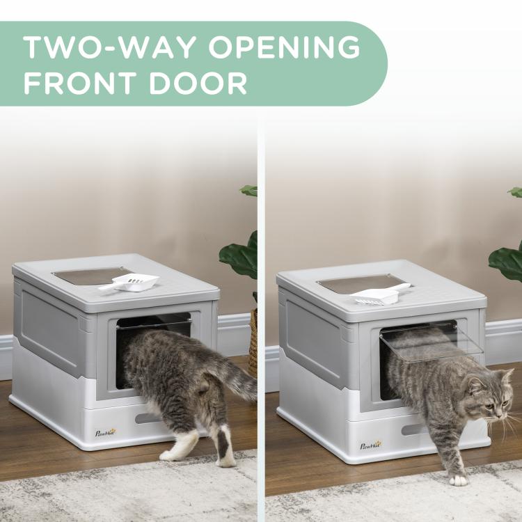 Gray and white enclosed cat litter box with front door opening for cat entry