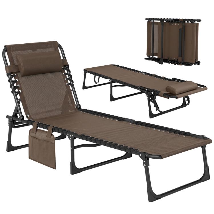 Brown folding lounge chaise with padded backrest and side pocket on steel frame