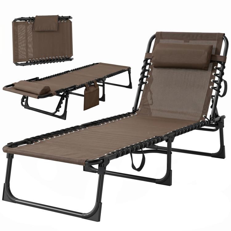 Brown folding chaise lounge with mesh backrest, padded head pillow, and side pocket