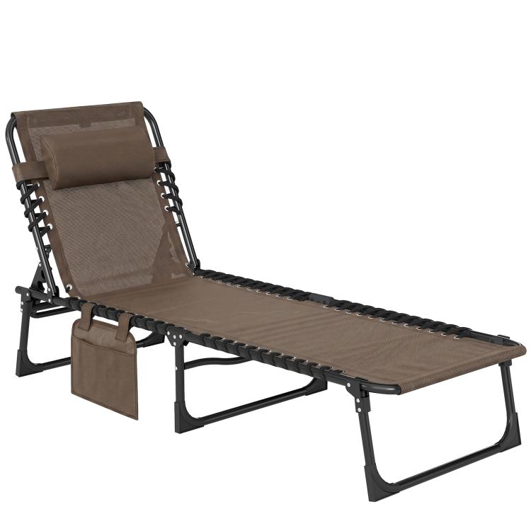 Outdoor folding chaise lounge chair, brown cushion with side pocket and adjustable back