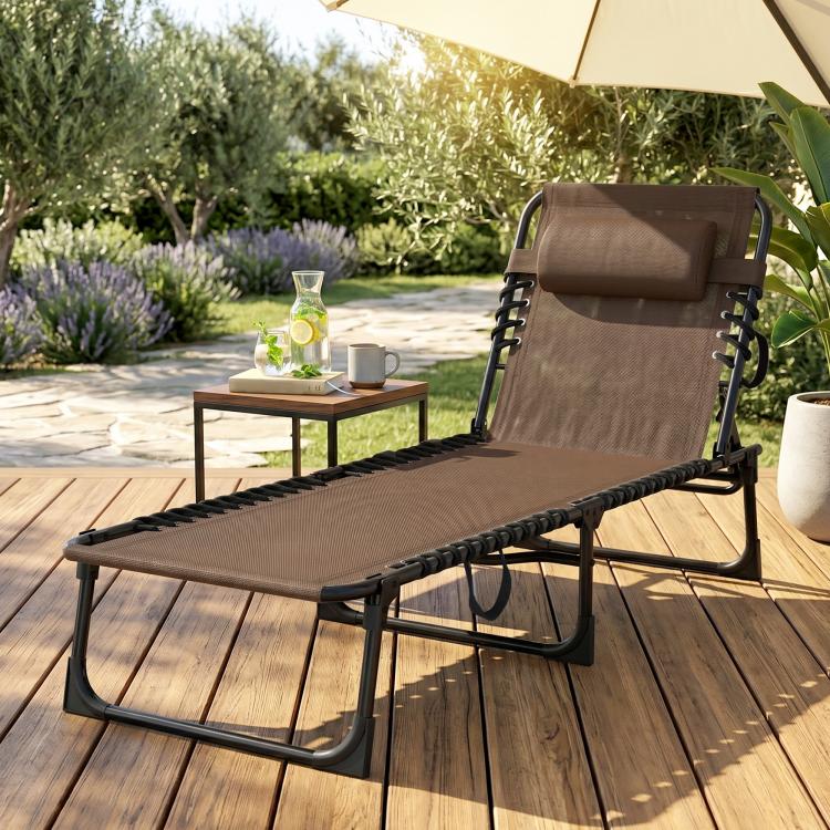 Brown folding chaise lounge with padded pillow, side pocket, and woven seat