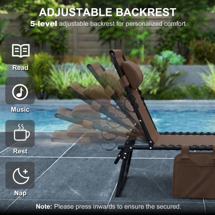 Brown folding chaise lounge with adjustable 5-position backrest and side pocket