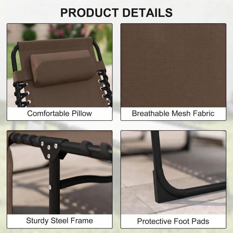 Brown chaise lounge with breathable mesh back, sturdy steel frame, and protective foot pads