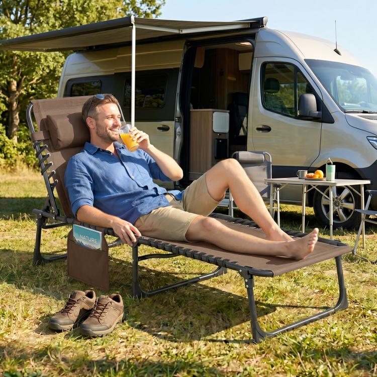 Brown folding chaise lounge with padded seat and back, side pocket, on steel frame