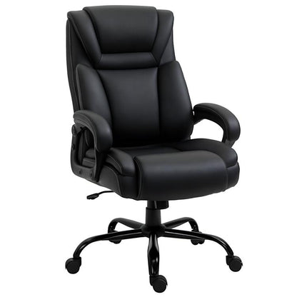Black high-back executive office chair with padded arms, seat, and swivel base