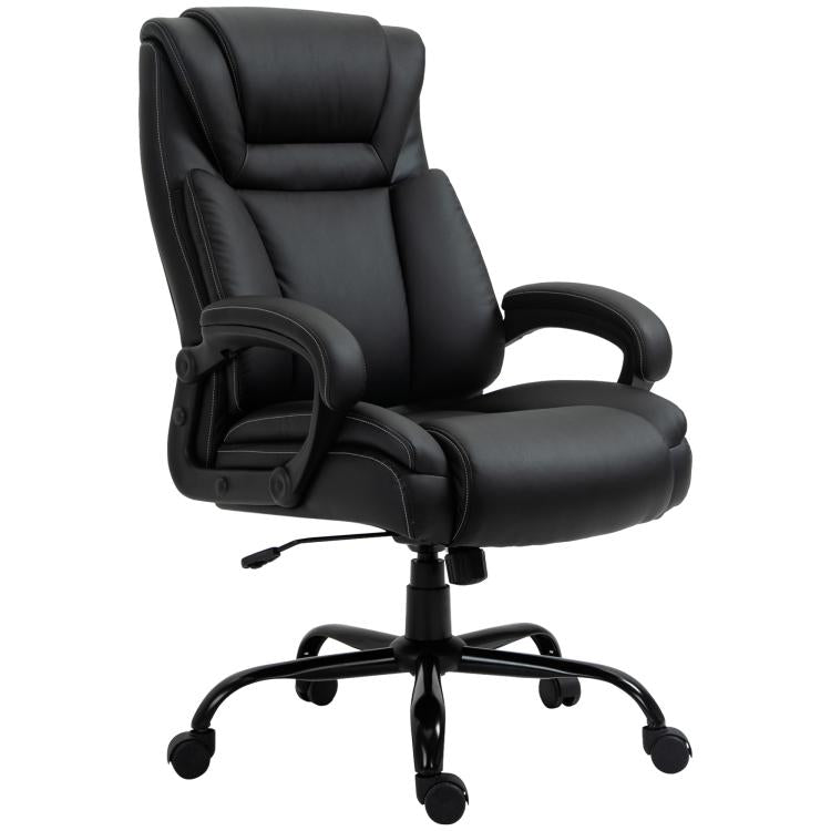 Black high-back office chair with contoured seat, padded armrests, and swivel base