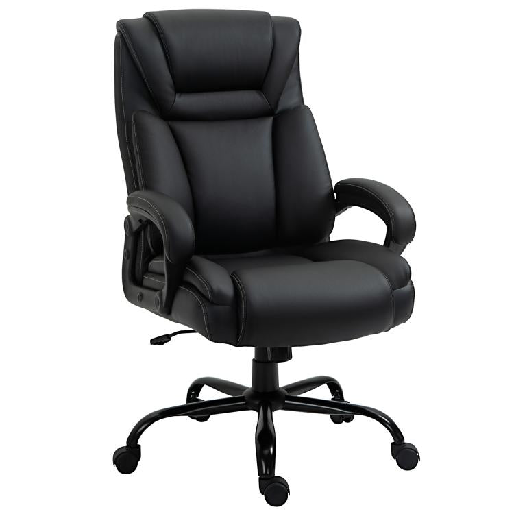 Black high-back executive office chair with wide seat, swivel base, and wheels
