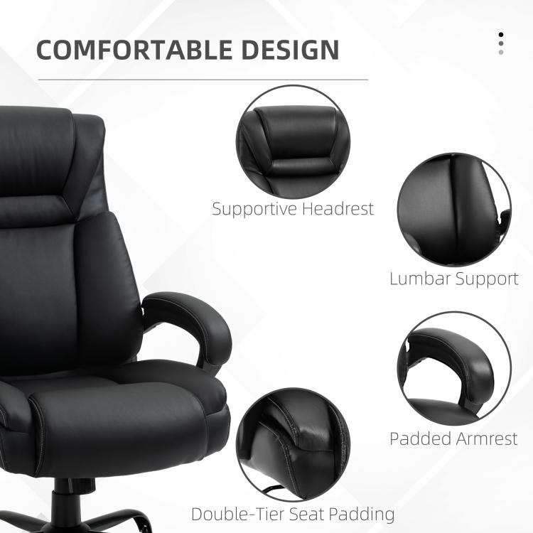 Black executive chair with supportive headrest, lumbar support, and padded armrests