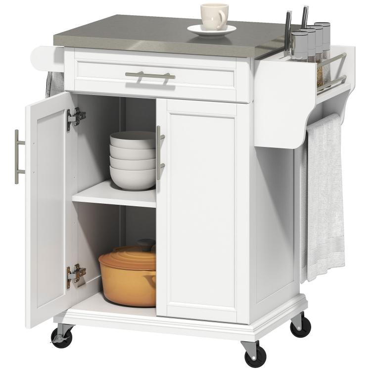 White rolling kitchen cart with open cabinet storage, drawer, and lower shelves on casters