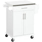 White rolling kitchen cart with stainless countertop, drawer, double doors, and casters