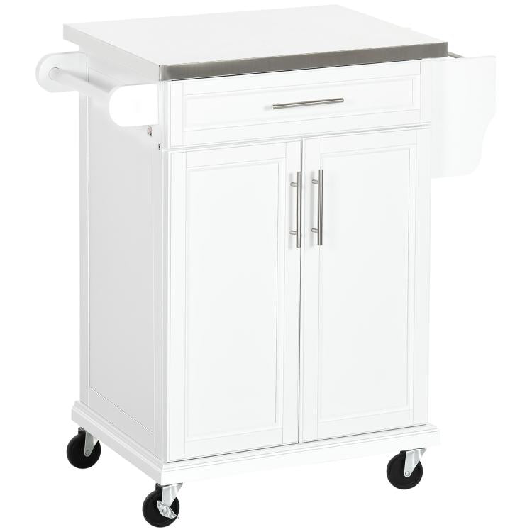 White rolling kitchen cart with stainless countertop, drawer, double doors, and casters