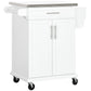 White rolling kitchen cart with drawer, cabinet doors, towel rack, and caster wheels