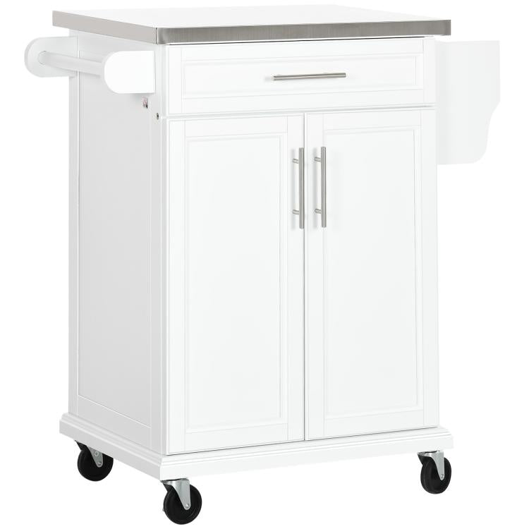 White rolling kitchen cart with drawer, cabinet doors, towel rack, and caster wheels