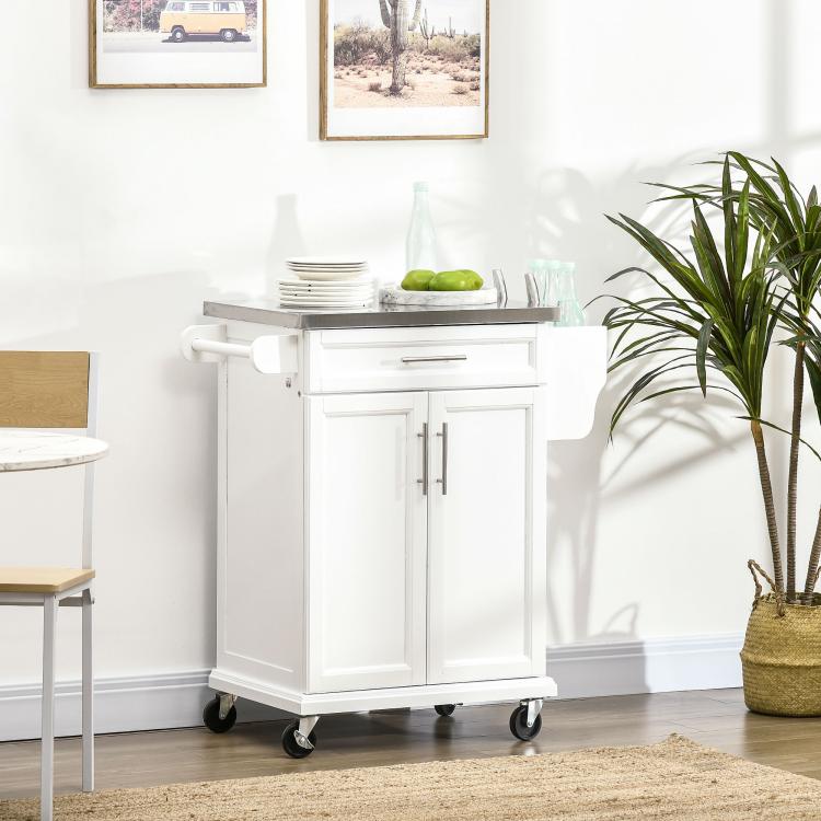 White kitchen island cart with stainless top, side towel rack, and enclosed cabinet storage