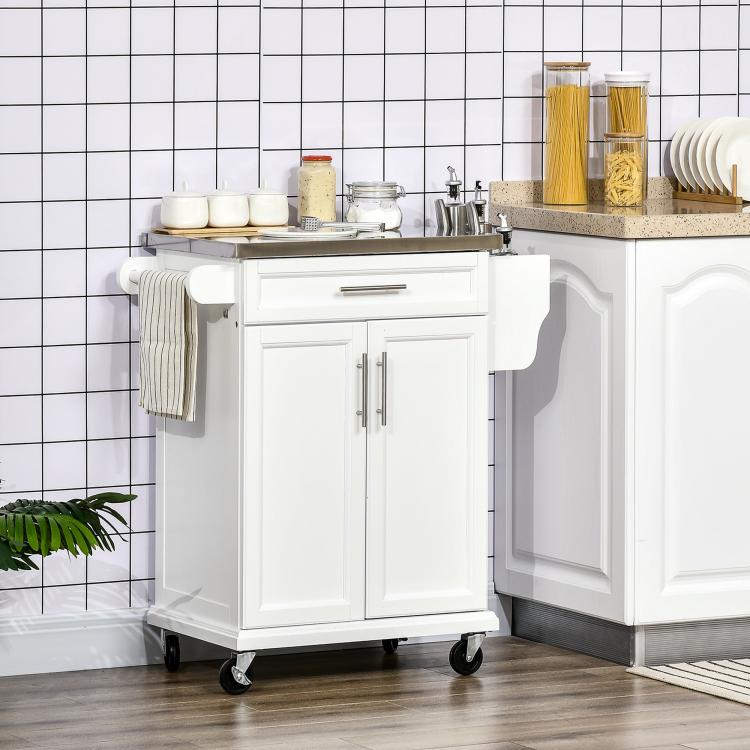White rolling kitchen cart with stainless sink-ready countertop, drawer, and double-door cabinet