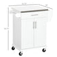 White rolling kitchen cart with stainless countertop, drawer, double doors, and casters