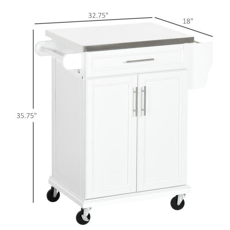 White rolling kitchen cart with stainless countertop, drawer, double doors, and casters
