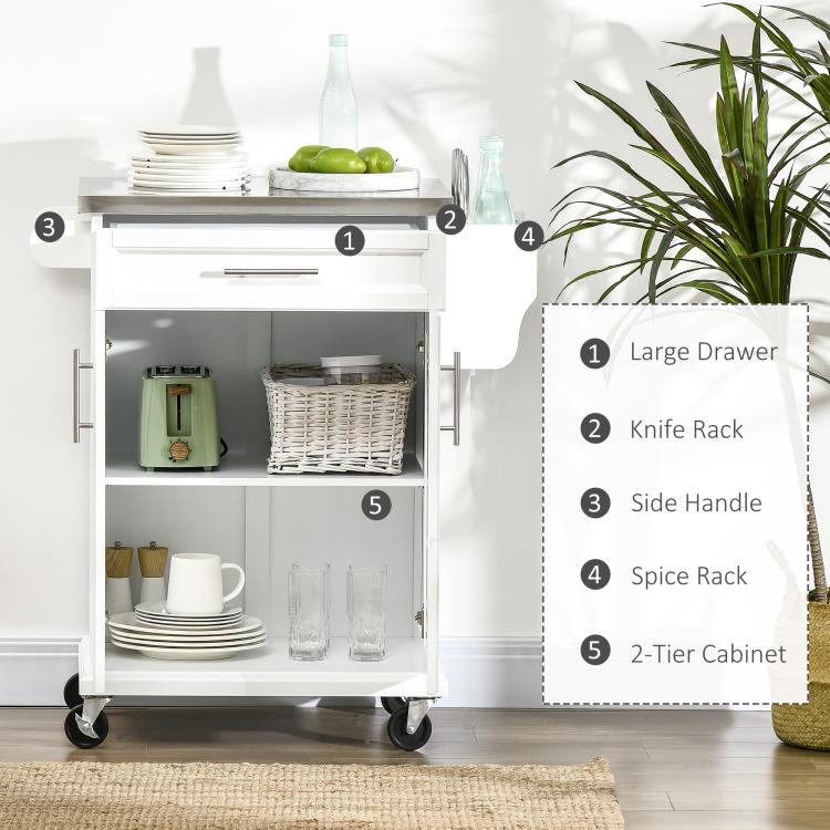 White rolling kitchen cart with large drawer, knife rack, spice rack, and two-tier cabinet