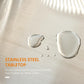 Stainless steel tabletop with water droplets on white rolling kitchen cart