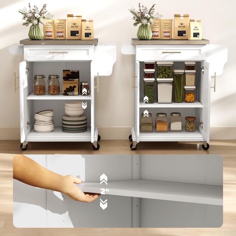 Two-door rolling kitchen cart on casters with pantry storage and top drawer