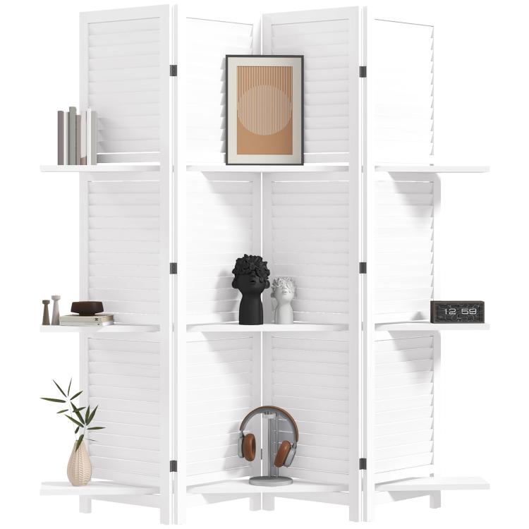 White folding 4-panel privacy screen divider with three open shelving sections and storage