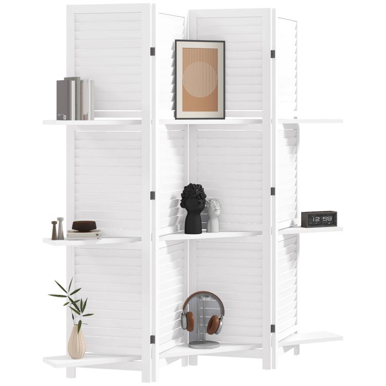 White 4-panel room divider screen with open shelves and folding storage, front view