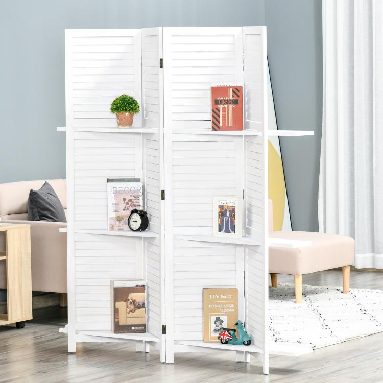 White folding privacy screen divider with built-in shelves for decor, standing in room