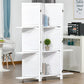 White 4-panel room divider with open shelving cubbies and folding door panels