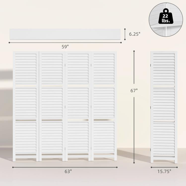 White folding privacy screen divider panels with shelving, size diagram shown