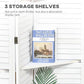 White folding privacy screen with three storage shelves and display space for books