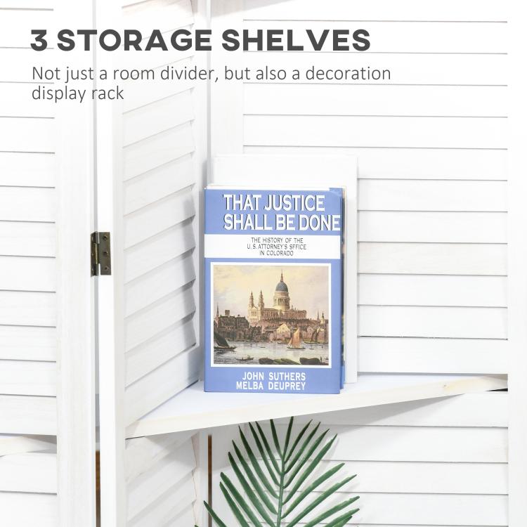 White folding privacy screen with three storage shelves and display space for books