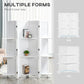 White folding room divider screen with multiple panels and open shelving storage