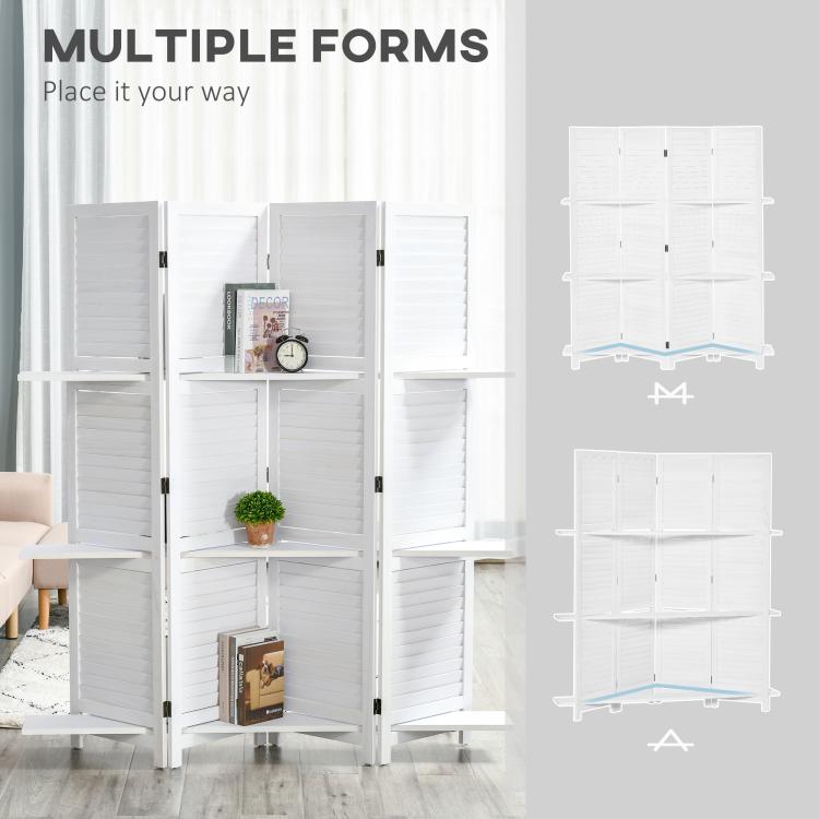 White folding room divider screen with multiple panels and open shelving storage