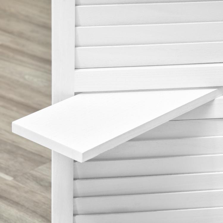 White folding privacy screen divider corner joint with shelf support detail