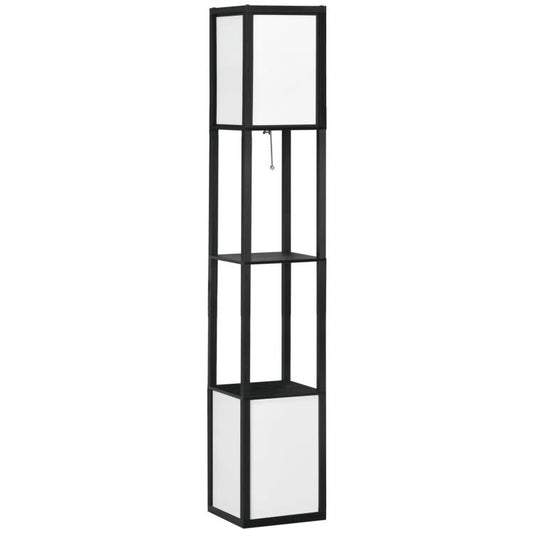 Black standing shelf floor lamp with vertical frame and three open storage sections