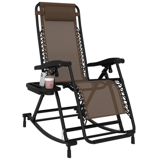 Brown zero-gravity rocking lounge chair with detachable tray and cup holder