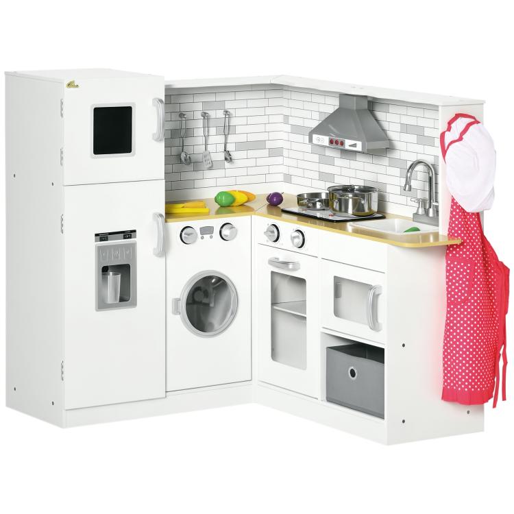 White corner kids play kitchen set with stove, sink faucet, oven, and washing machine doors