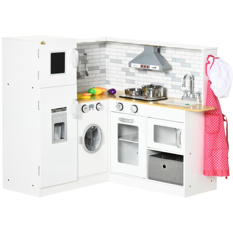White corner kids play kitchen set with range hood, cooktop knobs, sink faucet, and oven panels